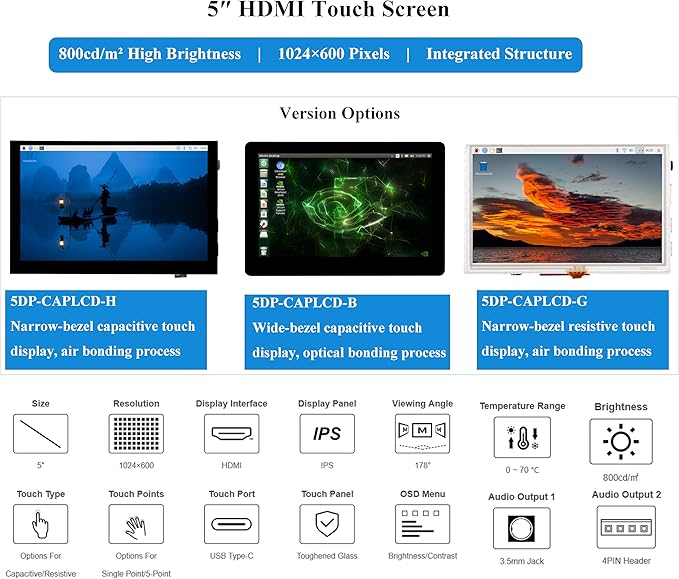 5inch IPS Touch Screen 1024x600 Compatible with Raspberry Pi 5/4B/3B+/3B/Zero W WH/Zero 2 W/Pico/Pico W/Jetson Nano/PC Support Win 11/10/ 8.1/8 /7 800cd/m² (Narrow-Bezel Capacitive Touch)