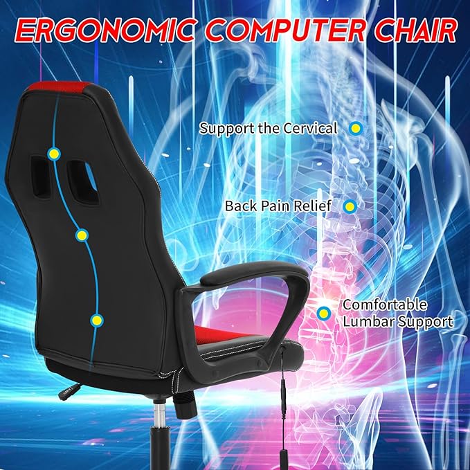 Video Gaming Chair with Massage Function Ergonomic Computer Desk Chairs Home Office Desk Chair with Lumbar Support Adjustable Height Swivel Wheels Red