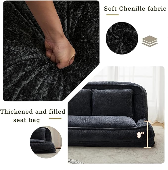 Floor Chair with Back Support Human Dog Bed Folding Loveseat with 5 Adjustable Position 2 Back Cushions Chenille Meditation Gaming Chair for Lazy Boys Living Room Lounge Bedroom Black