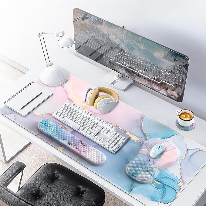 Desk Pad Mat Large Mouse Pad with Wrist Rest Ergonomic Keyboard and Mouse pad with Massage Design &amp Memory Foam Computer Mouse Pad for Home Office Study Game Pink Blue Marble