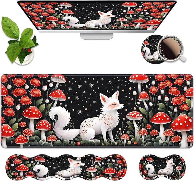 4 in 1 Ergonomic Memory Foam Mouse Pad Wrist Rest Set Large XXL Gaming Desk Pad + Keyboard Wrist Rest + Mouse Wrist Cushion + Coaster for Home Office Study Gaming White Fox Mushroom