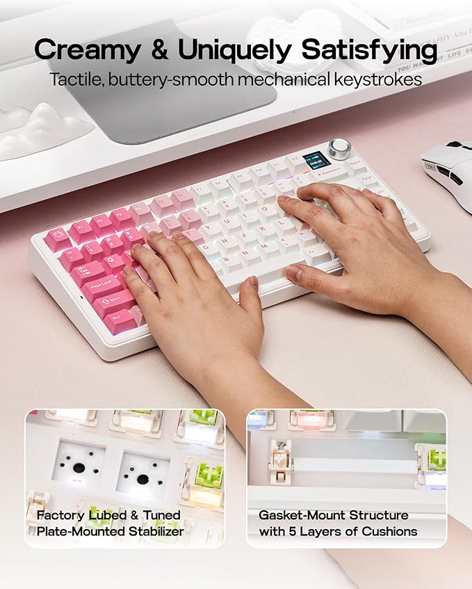 EPOMAKER X Aula F75 MAX Wireless Mechanical Keyboard with TFT Screen and Knob Gasket Keyboard in 75% Layout Hot Swappable Gaming Keyboard for PC/Mac/Linux (White Pink)
