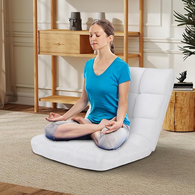 RELAX4LIFE Floor Chair with Back Support - 14-Position Adjustable Lazy Sofa Chair Padded Sleeper Bed &amp Couch Recliner for Reading Meditation Folding Floor Gaming Chair for Adults (White)