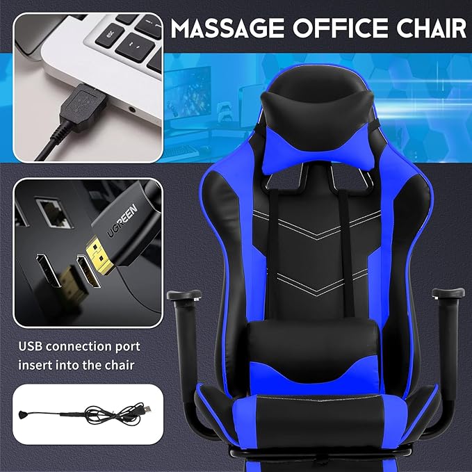 BLKMTY Massage Gaming Chair with Footrest Ergonomic Office Chair Racing Computer Chairs PU Leather with High Back Lumbar Support Headrest Reclining Chairs Blue
