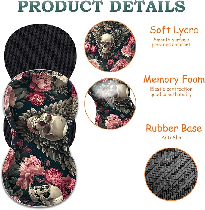 3-in-1 Large Mouse Pad Gaming Set (31.5 x 11.8 inch)+ Wrist Rest Pad + Coaster Memory Foam Gel Wrist Rest Pad for Pain Relief Stitched Edges Non-Slip Table Mat Rose Winged Skull