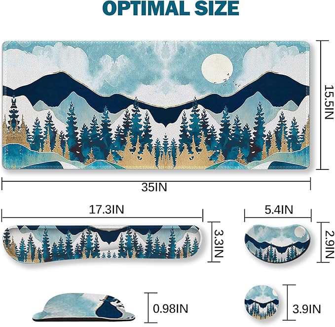 ARTSO Large Gaming Mouse Pad Set Keyboard Wrist Rest Support + Mouse Wrist Cushion + Extended Mousepad + Coaster 35x15.5in Multifunctional Desk Mat Abstract Mountain