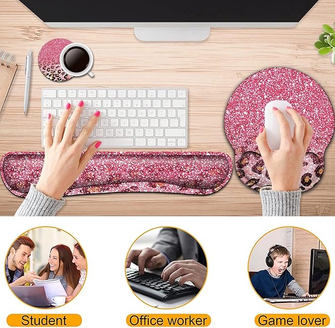 Keyboard Wrist Rest and Mouse Pad with Wrist Support Ergonomic Mouse Pad CoasterEasy Typing Pain Relief Memory Foam Keyboard Mousepad Set Pink Leopard