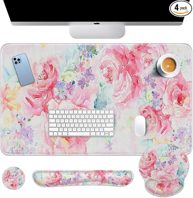 Arttown Flower Painting Desk Mat Watercolor Abstract Mouse Pad Set 4-in-1 Large Mousepad+Keyboard Wrist Rest+Mouse Wrist Rest+Coaster with Ergonomic Design Non-Slip Mat