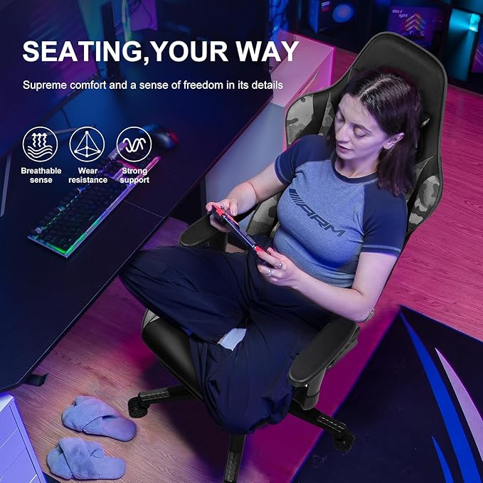 GTPLAYER Gaming Chair with Footrest Ergonomic Computer Game Desk Chair Reclining Game Chair Seat Height Adjustment Swivel Rocker with Headrest and Lumbar (Camouflage)