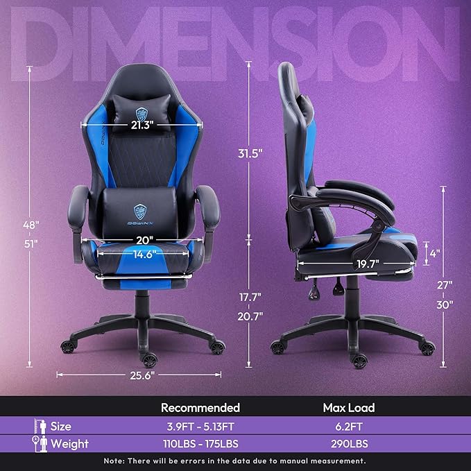 Dowinx Gaming Chair with Massage Lumbar Support and Footrest Gaming Chairs for Adults Ergonomic Computer Chair High Back with Pocket Spring Cushion Swivel Recliner with Headrest Blue