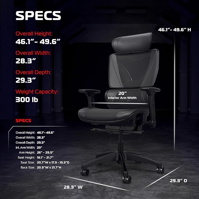 Respawn Specter Ergonomic Office Chair with Lumbar Support Headrest Adjustable Arms - Comfy Breathable Mesh Computer Desk Seat for Home Office High Back Reclining Gaming Chairs for Adults - Black