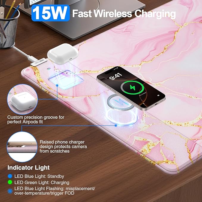 Pink Marble Mouse Pad with 15W Wireless Charging 31.5x15.8 Large Gaming Desk Pad/Mat for Women Girls Waterproof Ultra-Smooth Surface Non-Slip Base with 20W PD Adapter