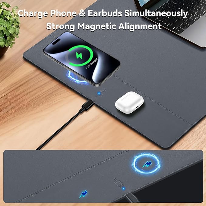 Wireless Charging Mouse Pad 15W Fast Charge Magnetic Charger Desk Pad Large Office Desk Mat (23.4x15.6) with Ultra-Smooth Surface Gray Computer Mousepad for MacBook PC Laptop