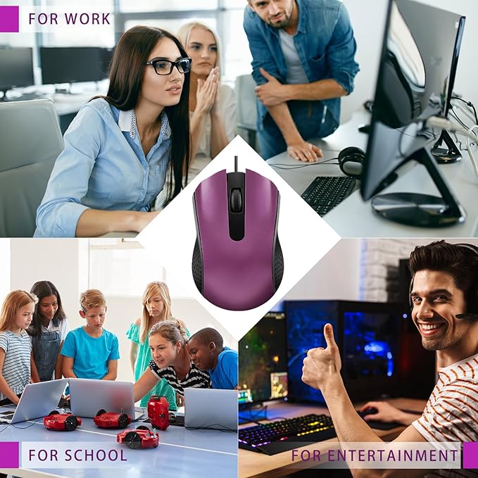 Bonuci 30 Pack USB Wired Mouse 3 Button Corded Computer Mice Bulk USB Mouse for PC Desktop Laptop Office School Classroom Use(Purple)