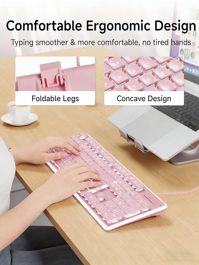 EWEADN GX710S Backlit Computer Keyboards Wired USB Keyboard with White Backlit Metal Panel Plug and Play Pudding Keycaps Full Size Quite Computer Keyboard for Win/PC/Laptop-Pink