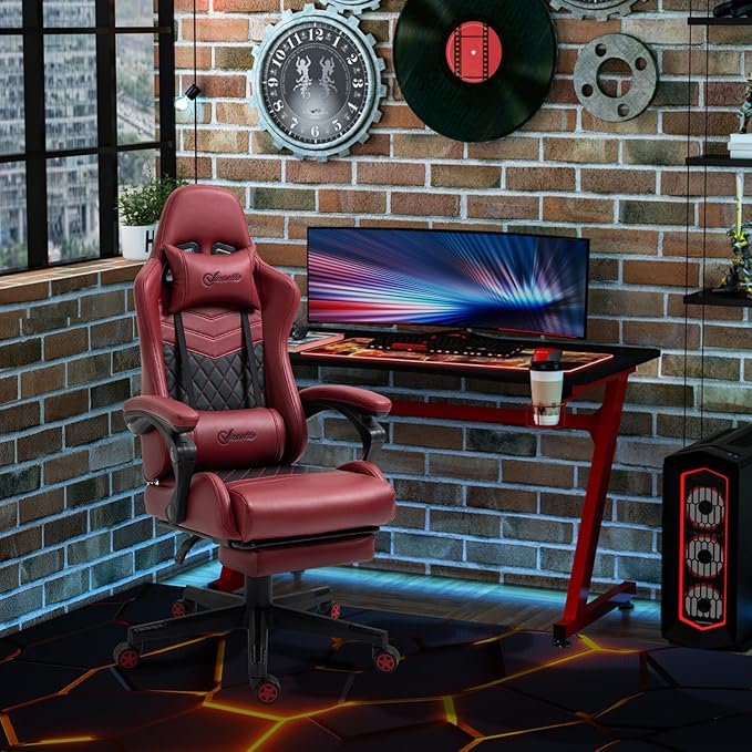Gaming Chair Ergonomic PU Leather Office Chair High Back Swivel Recliner with Footrest Lumbar Support Adjustable Height 360° Rotation (Red)