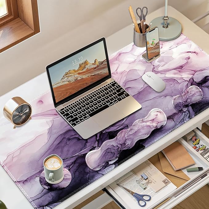 Gaming Mouse Pad Keyboard Wrist Support 4 in1 Mousepad Set with Wrist Keyboard Rest Computer Desk Mat Non-Slip Desk Pad Protector with Memory Foam Easy Typing Pain Relief I Purple Marble