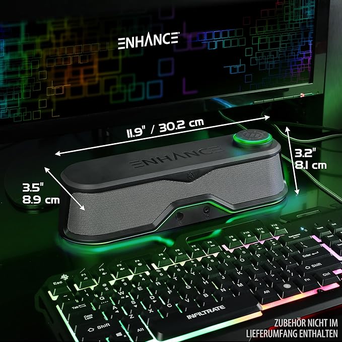 ENHANCE SB1 High Excursion Computer Soundbar - USB Powered Computer Speaker Under Monitor Speaker with 10W Peak LED Volume Control Knob Headset Pass Through Gaming Soundbar for PC