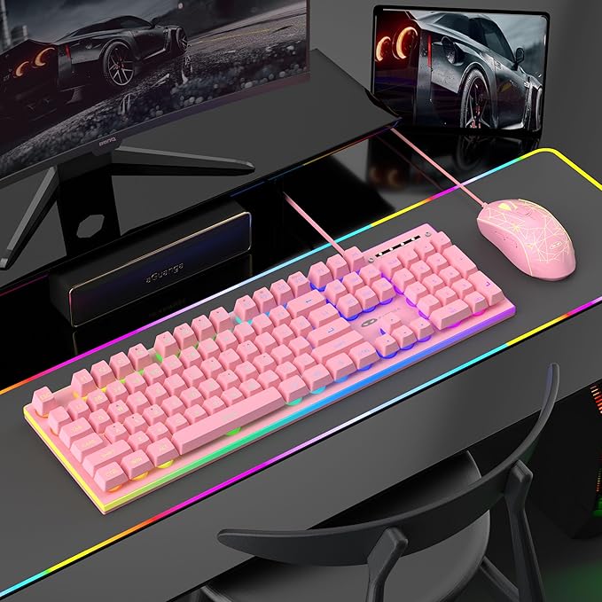 MageGee GT838 Gaming Keyboard and Mouse Combo 104 Keys RGB Backlit Quiet Wired Keyboards for Laptop PC MAC with Number Pad Metal Panel Anti-Ghosting Pink