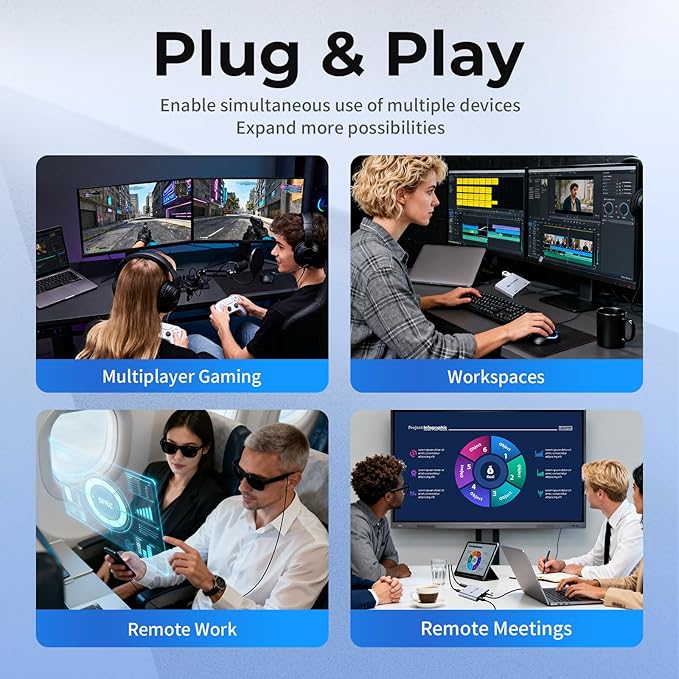 Guermok 4-in-1 Dual USB-C Display Hub 4K@60Hz Video PD 100W Fast Charging &amp USB 3.0 5Gbps Compatible with AR Glasses Switch 2 Laptops Portable Monitors &amp Type-C Displays（Silver）