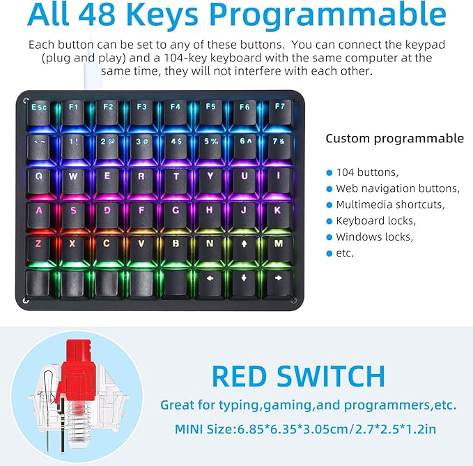 Koolertron One Handed Mechanical Gaming Keyboard 48-Key Fully Programmable Mini Keypad Mini USB Macro Keyboard with RGB LED Backlit for Windows PC Gamer