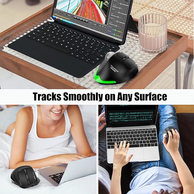 TRELC Wireless Trackball Mouse Ergonomic Rollerball Mouse with 4800 DPI/7 Programmable Buttons Thumb Control Mice Rechargeable Optical Mouse for 3 Devices for Windows PC Laptop Tablet (Black)