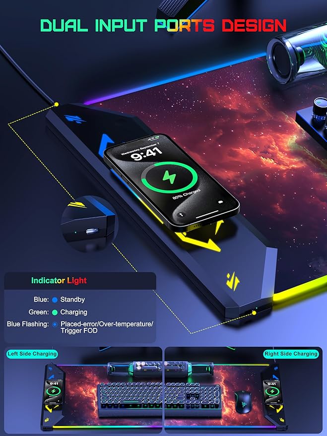 TopMade Wireless Charging Mouse Pad RGB Gaming Mousepad 35.4 x 15.8 Extra Large Waterproof Keyboard Desk Pad Computer Desk Mat Red Nebula (Includes 20W PD Power Adapter &amp 6.56ft Woven Cable)