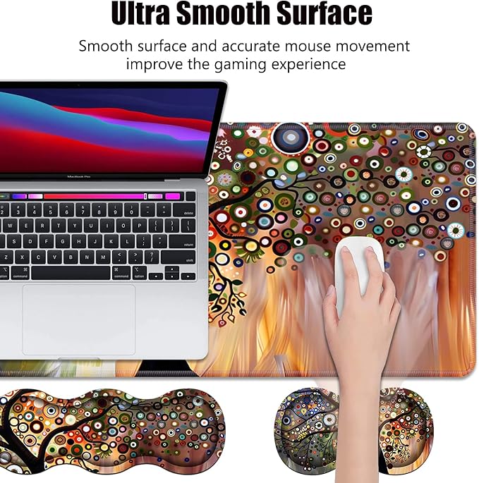 4 in 1 Ergonomic Memory Foam Mouse Pad Wrist Rest Set Large XXL Gaming Desk Pad + Keyboard Wrist Rest + Mouse Wrist Cushion + Coaster for Home Office Study Gaming Tree of Life