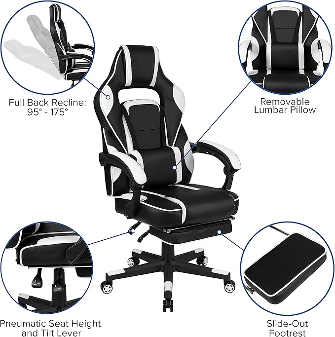 EMMA + OLIVER White Ergonomic Gaming Chair - Reclining Back/Arms Footrest Massaging Lumbar