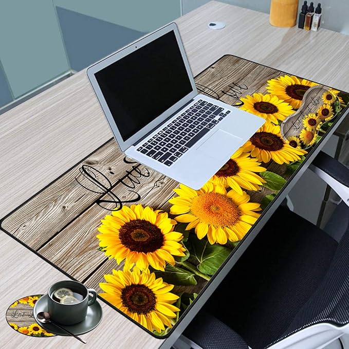 Large Game Mouse Pad + Wrist Support Pad + Coffee Coaster Sunflower Quote Live Love Laugh Foldable Table Mat with Stitched Edge Non-Slip Set Pad Suitable for Office Work and Home