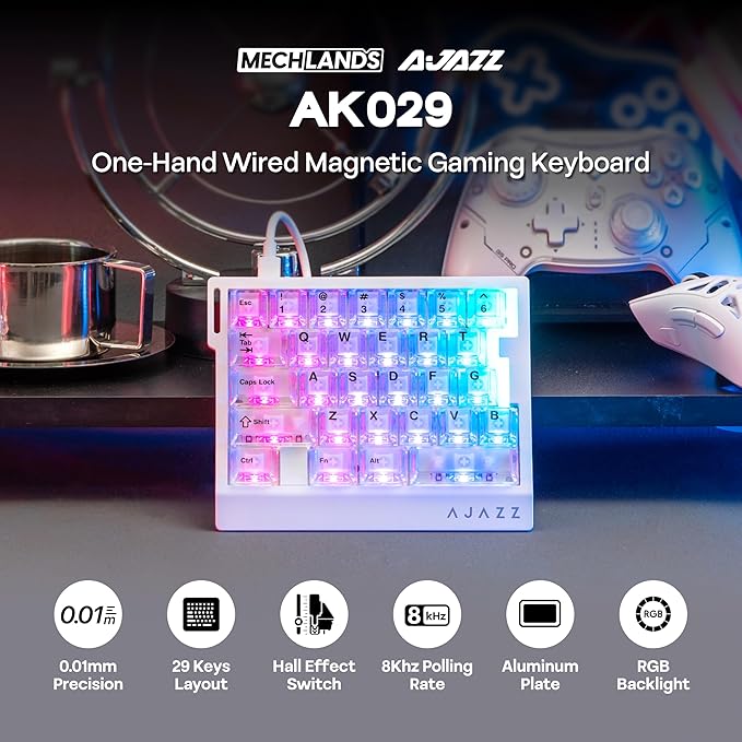 MechLands AJAZZ AK029 One Handed Gaming Keyboard 8Khz Polling 29 Keys Rapid Fast Wired Keyboard SOCD &amp DKS Magnetic Switch Adjustable Actuation RGB Backlits Aluminum Plate (White Transparen