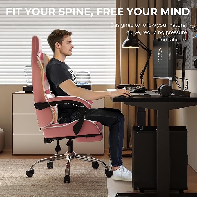 Ergonomic Gaming Chair with Footrest Heavy Duty 330lbs Office Chair Massage Lumbar Support Adjustable Height &amp Headrest Pillow Comfortable for Back Pain Relief Streaming Long Gaming Rose