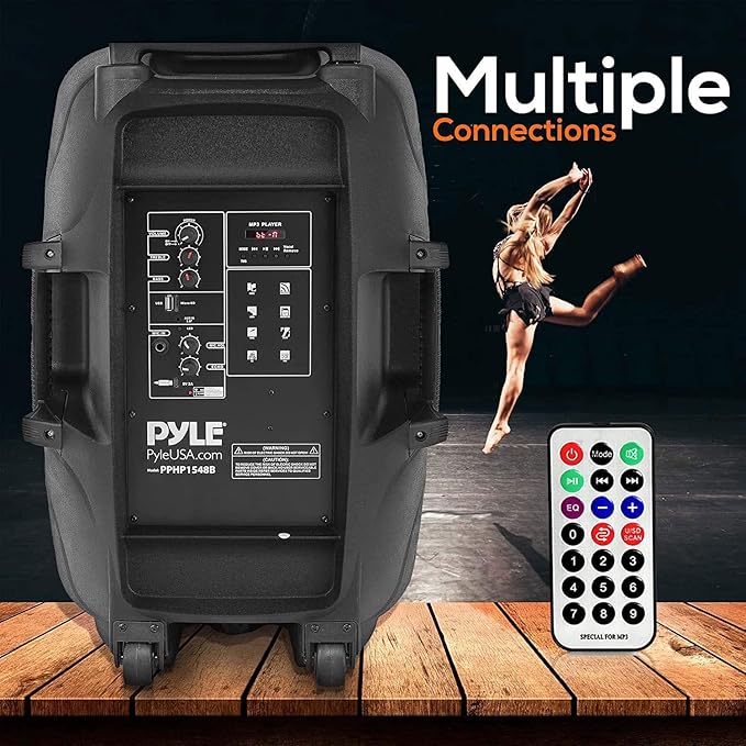 Pyle Portable Bluetooth PA Speaker System - 1000W Outdoor Bluetooth Speaker System w/Microphone in Party Lights USB SD Card Reader FM Radio Wheels - Remote Control Tripod PPHP1548B BLACKBLUE