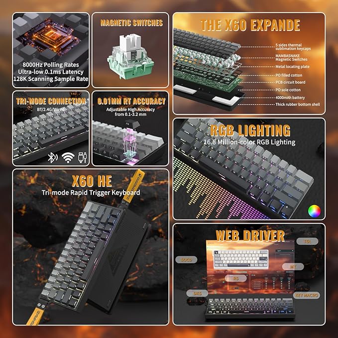 ATTACK SHARK X11&ampX60HE Mechanical Wireless Gaming ComboRapid Trigger Magnetic Switches 8K Keyboard59g Ultra-Light Mouse with Charging Dock 22K DPIPAW3311RGB Backlit 3-Mode with Coiled Cable-B