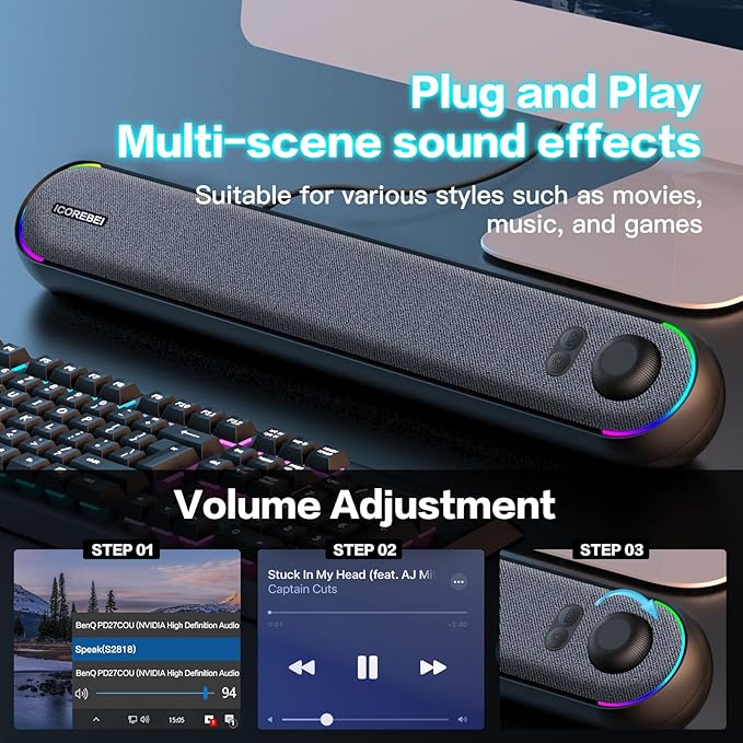 Desktop Computer Speakers Stereo Soundbar Bluetooth 5.3 USB/Type-C Power and Audio Transmission Plug-and-Play Compatible with PC Mac Laptops Monitors RGB Lighting Wired Gaming Speakers