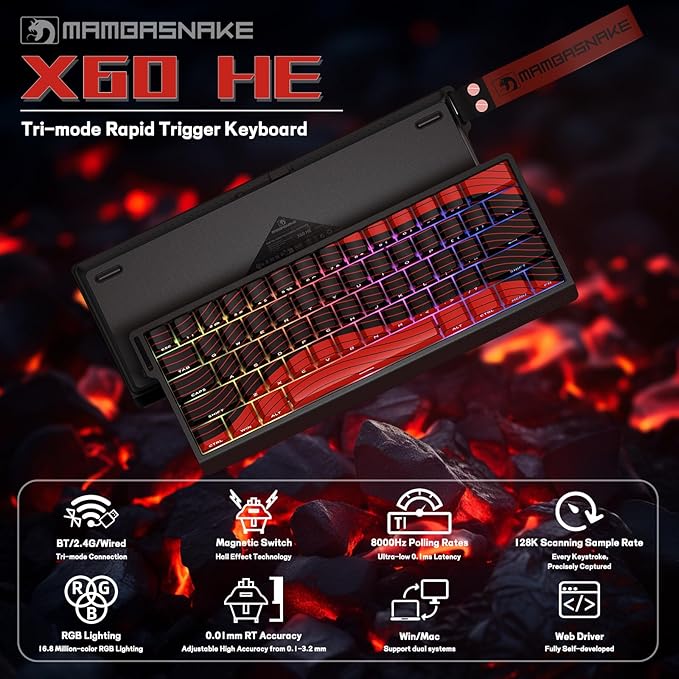 MAMBASNAKE X60 HE 60% Rapid Trigger Wireless Gaming KeyboardHall Effect Magnetic SwitchesAdjustable Actuation0.1ms Ultra-Low Latency 8KHz Polling Rate3-Mode RGBPBT Keycaps for Win/Mac-Black&amp