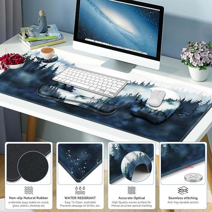 Large Mouse Pad Keyboard Wrist Rest Set Ergonomic Mouse Pad with Wrist Support Desk Mat with Stitched Edges + Coaster Extended Desk Pad Waterproof Desk Mat for Home Office Game I Misty Forest