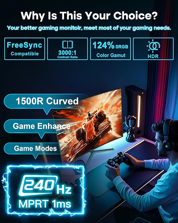 SANSUI 24 Inch Curved 240Hz Gaming Monitor FHD 1080P 1500R Curve Computer Monitor 124%sRGB 3000:1 Contrast Ratio HDR FreeSync MPRT 1Ms Low Blue Light HDMI DP ports.(ES-G24C1 PRO DP Cable Incl)