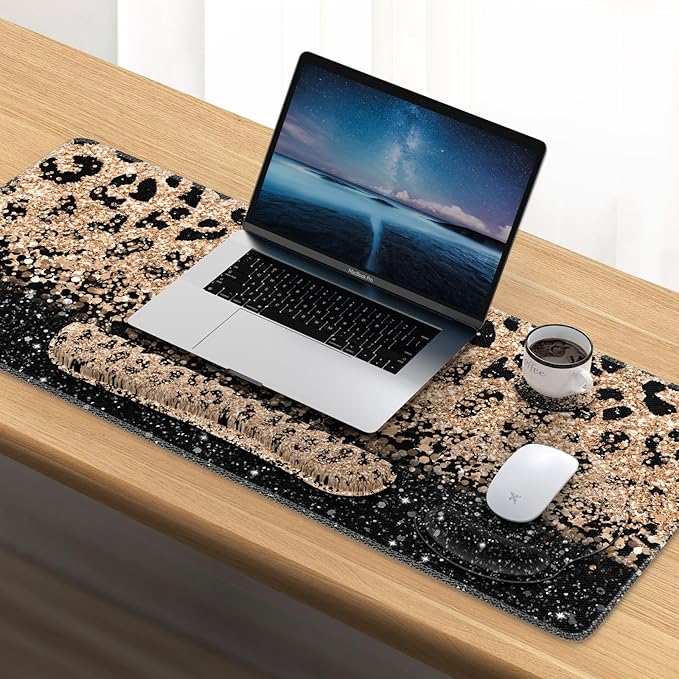 iLeadon Mouse Pad Set Desk Mat + Mouse Pad with Wrist Rest + Keyboard Wrist Rest + Coaster 4in1 Leopard Mouse and Keyboard Pad Set for Home Office Black Gold Leopard