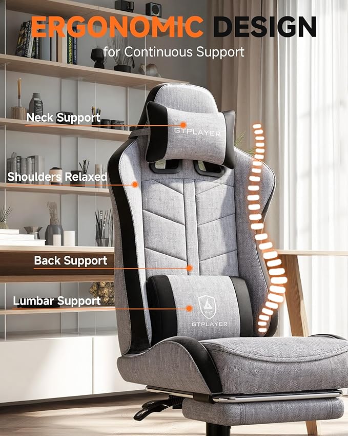 GTPLAYER Gaming Chair with Footrest Computer Gaming Chair for Adults and Kids Height Adjustable Gamer Chair with 90-155° Recline &amp Removable Headrest Lumbar SupportLinen Fabric Gray-Black