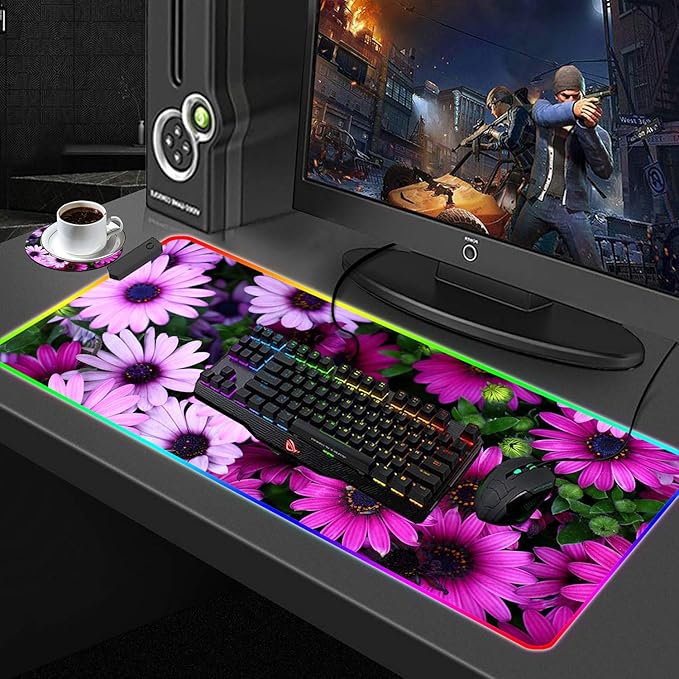 Customized RGB Gaming Mouse Pad and Coffee CoasterLarge Glowing Led Anti-Slip Rubber Base Computer Keyboard Desk Mouse Mat 31.4x11.8 InchAfrican Daisy