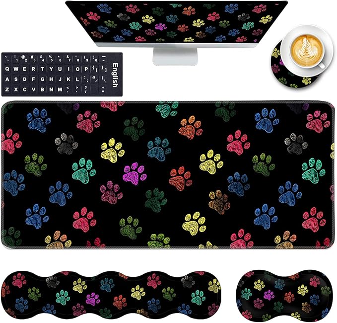Keyboard Wrist Rest and Mouse Pad with Wrist Support Set Ergonomic CoasterMemory FoamEasy Typing Pain ReliefLarge XL Desk Mat 31.5x 11.8Colorful Paw Prints