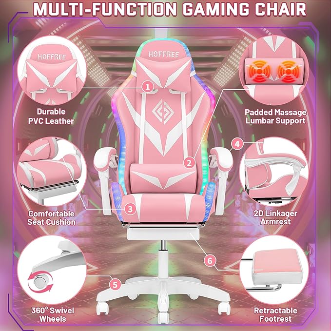 HOFFREE RGB Gaming Chair with Speakers and Massage Ergonomic Computer Chair with Lights and Footrest Reclining Video Game Chairs for Adults Pink and White