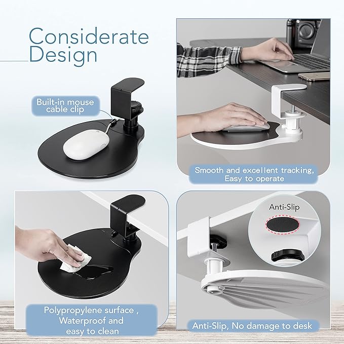 EHO Clamp-On Under Desk Mouse Tray 360° Swivel Ergonomic Platform with Cable Organizer Smooth Glide Surface for Gaming or Office Fits Desks 0.5-1.5 Thick Tool-Free Install TAA-Compliant