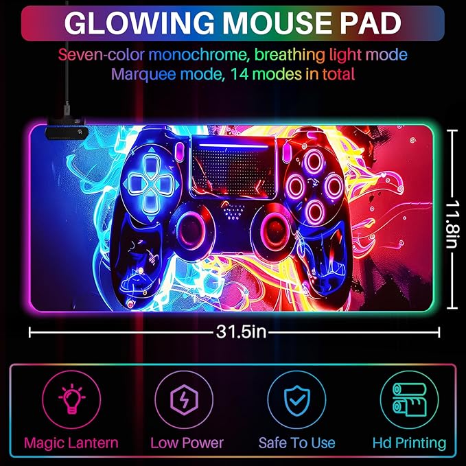 XL RGB Gaming Mouse Pad with 14 Light Modes - Light Up Gamer Mouse Pad31.5 x 11.8in Non-Slip Gamepad Style Led Large Gamer MousepadBlack Long Glowing Gaming Accessories for Desk Waterproof