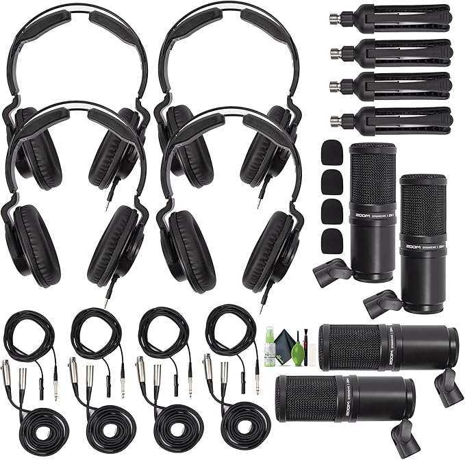 Zoom ZDM-1 Podcast Mic Pack Podcast Dynamic Microphone ZHP-1 Headphones TPS-4 Tripod Windscreen 2-Meter XLR Cable for Recording &amp Streaming Podcasts + Cleaning kit (Pack of 4)