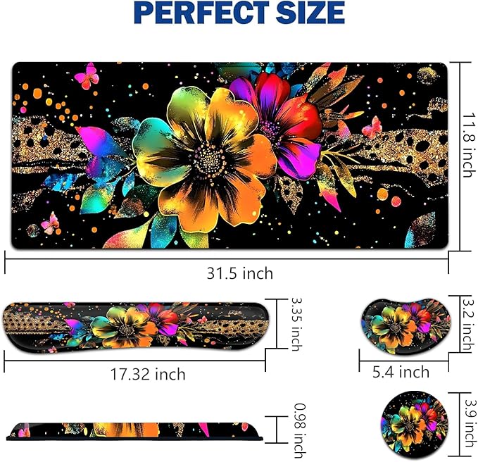 Large Mouse Pad + Keyboard Wrist Rest Set Extended Gaming Mousepad (31.5X11.8 inch) with Non-Slip Rubber Ergonomics Memory Foam Mouse Wrist Rest Support Glitter Flower Black XXL Desk Pad