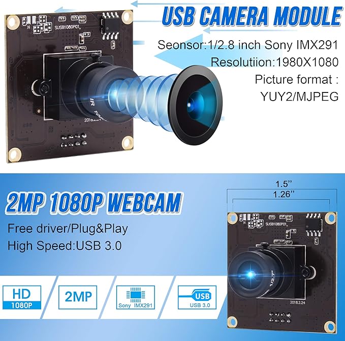 High Speed USB3.0 Camera Module High Definition 1280 * 1080@50fps 2MP Webcam Full HD 1080P USB Camera with IMX291 Sensor Plug&ampPlay USB Webcam for WindowsLinuxRaspberry Pi