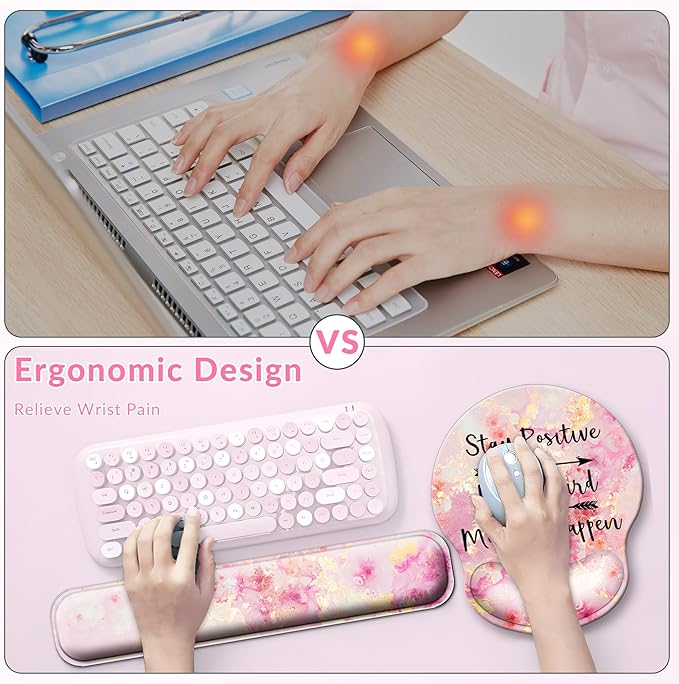 Large Mouse Pad and Keyboard Wrist Rest + Desk Mat SetFull Long Mouse Pads for Desk Accessories with Memory Foam Gel Pink Mousepad for Women Computer Desktop Office Work-Pink &amp Black Slogan