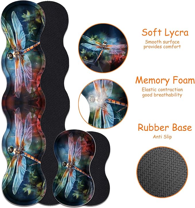 4 in 1 Mouse Pad Combo Large Gaming Mouse Pad + Keyboard Wrist Support + Mouse Wrist Rest + Coaster Table Pad with Stitched Edge Ergonomic Wrist Pad Set Art Dragonfly